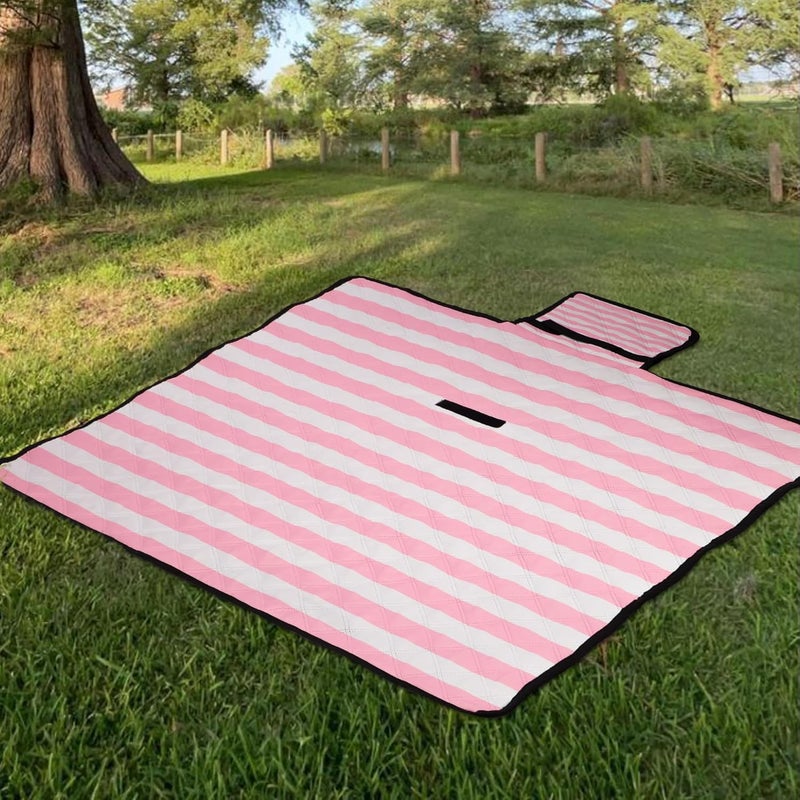 BEW Waterproof Picnic Blankets,79''x79'' Extra Large Foldable Sandproof Beach Blanket,Portable 3-Layer Polyester Outdoor Picnic Blanket for Grass Lawn,Beach,Family Camping,Park,Travel-Pink Stripe - Image 3
